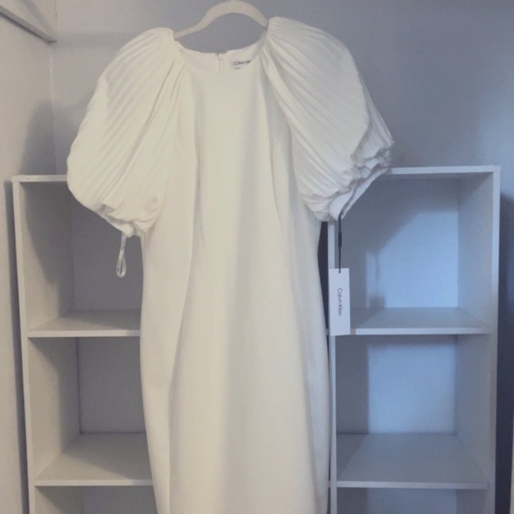 Calvin Klein Fitted Dress with Pleated Puffed Sleeves